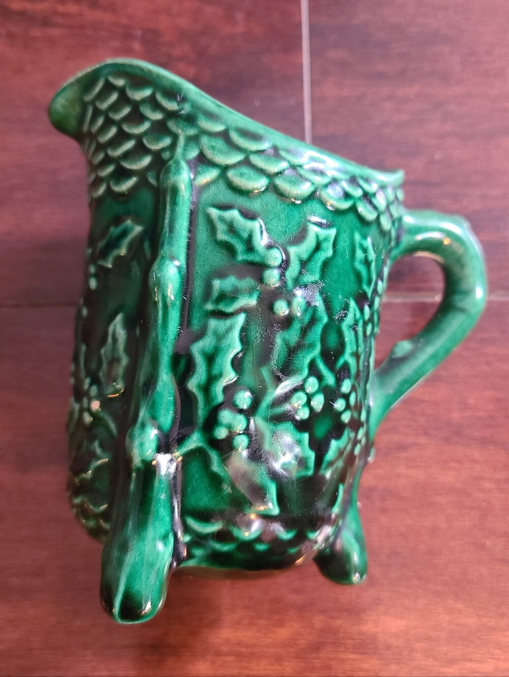 Vintage Green Ceramic Holly Berry Creamer Pitcher – 4.5" Majolica Style Holiday
